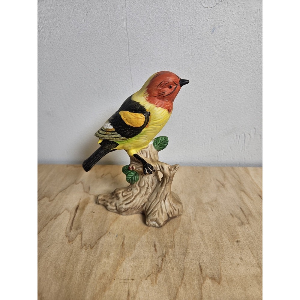 Western Tanager Bird Figurine Ceramic Red Yellow Songbird Tree Branch 4.5"